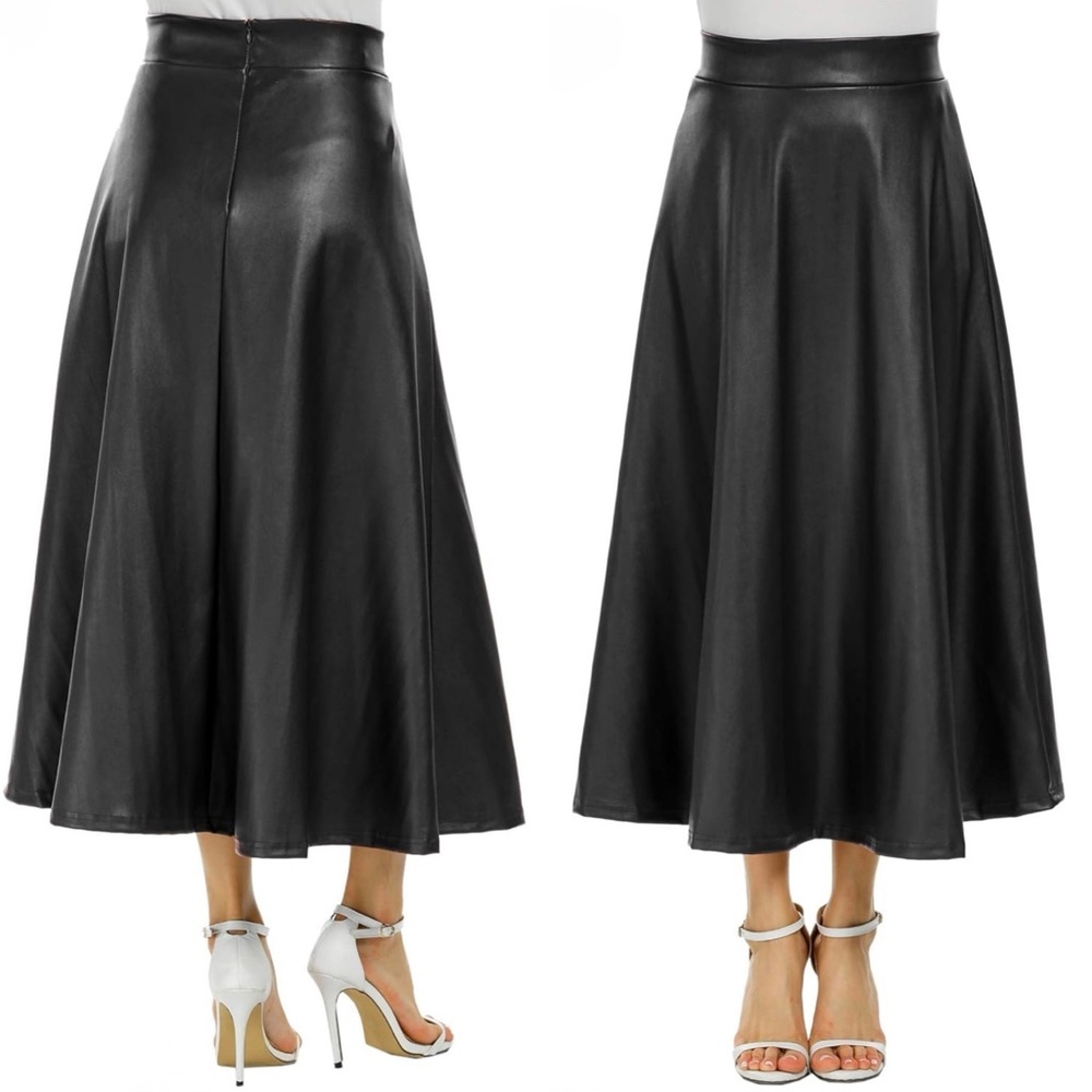NWT NEW BLACK A-LINE PLEATED MIDI VEGAN PU LEATHER PLEATHER SKIRT HIGH QUALITY